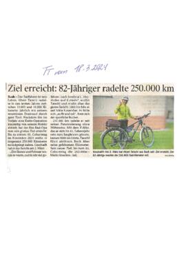 Ziel erreicht, Albert Tatschl radelte bereits 250000 Kilometer