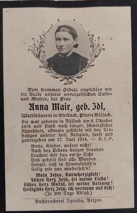 Anna Mair,  geb. Idl, Wastlbäuerin in Stribach, Pfarre Dölsach