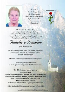 Anneliese Gründler geb Baumgartner 01 04 2020