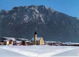 Postkarte Ebbs Winter Kirche und Kaissergebirge ca 1973