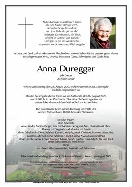 Anna Duregger Schöberl Buchberg geb Seeber 23 08 2020