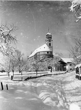 Ansicht Kirche Ebbs von Kaiserbergstraße aus Winter um 1930
