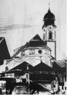 Postkarte Ebbs Gemälde 1992 Kirche von Kaisergstraße aus 105