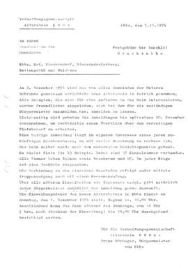 Altersheim Ebbs Mitteilung an Haushalte wegen Aufnahme in das neue Heim 1974