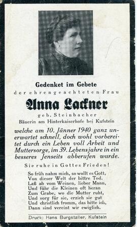 Anna Lackner geb Steinbacher Hinterkaiser 10 01 1940