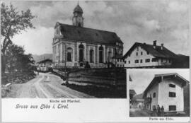 Ebbs Postkarte Kirche und Bäckenhäusl um 1900