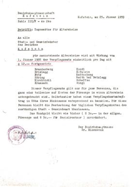 Tagsätze Altersheim bzirksweit mit 12 Schilling festgesetzt 1955