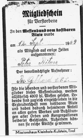 Peter Ritzer Dankl Mitgliedschein Bruderschaft 08 05 1938
