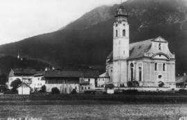 Postkarte Ebbs Kirche mit Oberwirtsstadel SW ca 1950