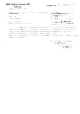 BH Kufstein Mitteilung dass Gasser Theresia nach Oberschenkelbruch unbestimmte Zeit im KH ist 1953