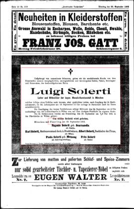 Todesnachricht Luigi Solerti, Vater von Karl Solerti, Stationsvorstand