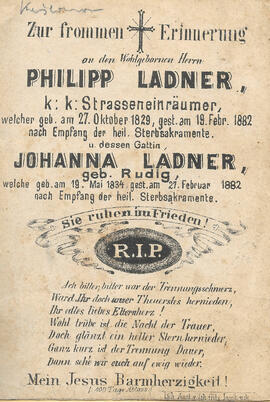 Sterbebild Philipp Ladner (1829-1882) und Johanna Rudig (1834-1882)
