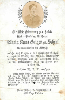 Sterbebild Maria Anna Geiger, geb. Scherl (1822-1894)