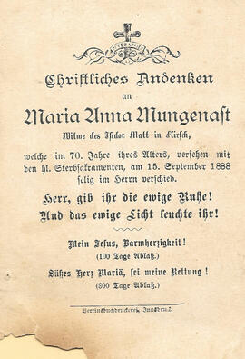 Sterbebild Maria Anna Mungenast (1818-1888)