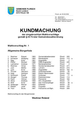 Gemeinde Flirsch, Gemeinderatswahlen_2004_Wahlvorschlag