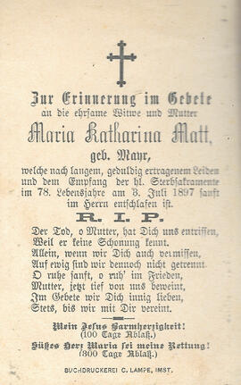Sterbebild Maria Katharina Matt, geb. Mayr (1820-1897)