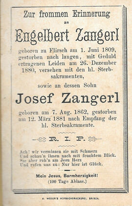 Sterbebild Engelbert Zangerl (1809-1880) und Josef Zangerl (1862-1881)