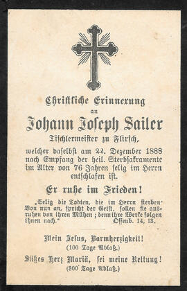 Sterbebild Johann Joseph Sailer (1812-1888)