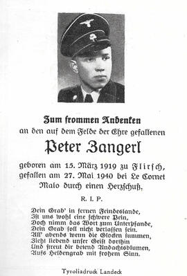 Sterbebild Peter Zangerl (1919-1940)
