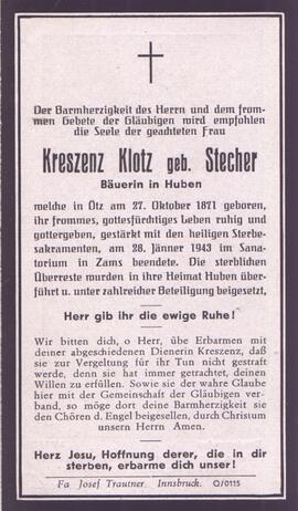 Klotz Kreszenz, geb. Stecher, +1943