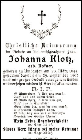 Klotz Johanna, geb. Rofner, +1903