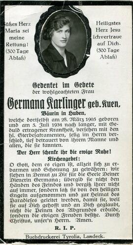 Karlinger Germana, geb. Kuen, +1934