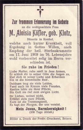 Köfler Aloisia, geb. Klotz, +1909