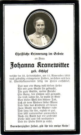 Kranewitter Johanna, geb. Schöpf, +1933