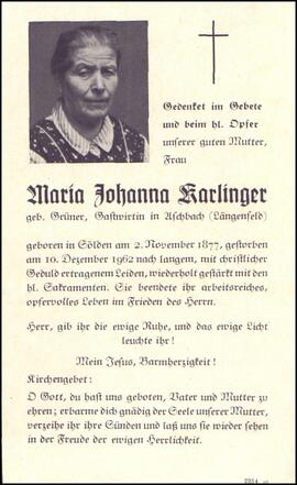 Karlinger Maria Johanna, geb. Grüner, +1962