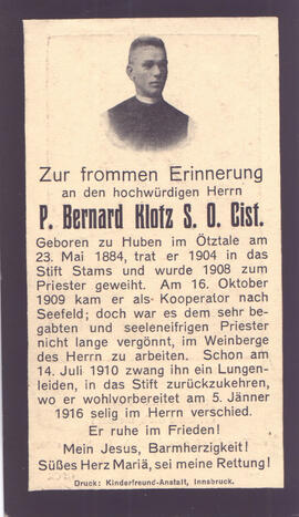 Klotz Bernard, Pfarrer, +1916