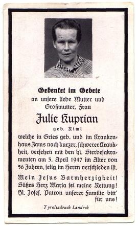 Kuprian Julie, geb. Riml, +1947