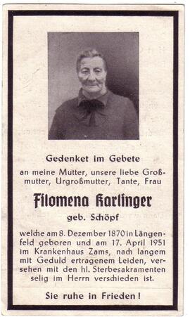 Karlinger Filomena, geb. Schöpf, +1951