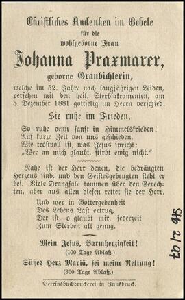 Praxmarer Johanna, geb. Granbichler, +1881