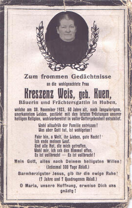 Weis Kreszenz, geb. Kuen, +1923