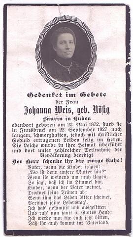 Weis Johanna, geb. Nösig, +1927