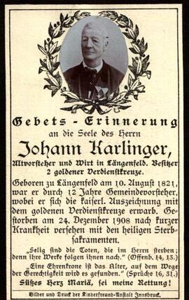 Karlinger Johann, Wirt und Altvorsteher, +1908