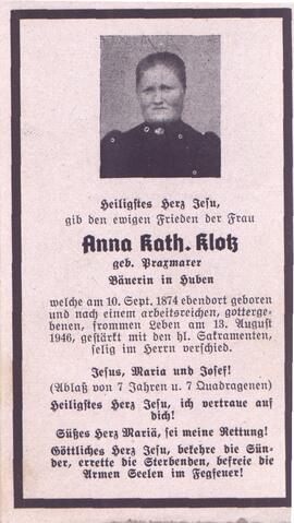 Klotz Anna Katharina, geb. Praxmarer, +1946