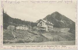 Grußkarte von 1910 Peter Falbesoner?s Gasthaus Ranalt (1260m) mit Mairspitze (2781m)