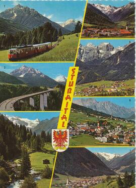 Ansichtskarte Stubaital mit den Dorfkirchen, Stubaital-Bahn und Europabrücke