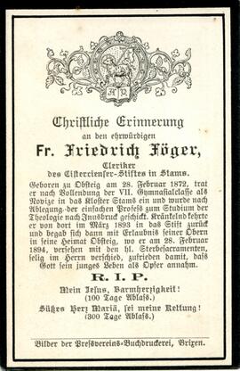 Sterbebild Föger Ferdinand Frater Friedrich, gest. 1894-02-28-V