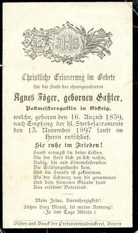 Sterbebild Föger Agnes, geb. Gaßler gest. 1897-11-13-V