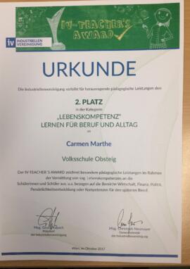 VS-Teacher Award 2017 Urkunde