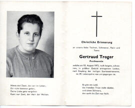 Sterbebild Gertraud Troger (Schmied), Postbeamtin in Patsch, gest. 15.08.1972 im 39. Lj.