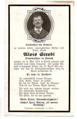 Sterbebild Alois Strobl, Gutsbesitzer in Patsch, 09.05.1874 - 15.04.1951