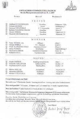 Pfarre Patsch, Pfarrgemeinderatswah 18.3.2007l, Amtlicher Stimmzettel