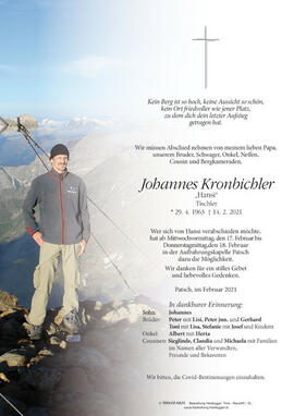 Sterbebild Johannes Kronbichler, 29.04.1963 - 14.02.2021