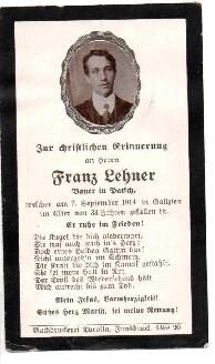 Sterbebild Franz Lehner, gefallen am 07.09.1914 in Galizien im alter von 33 Jahren; Bauer in Patsch