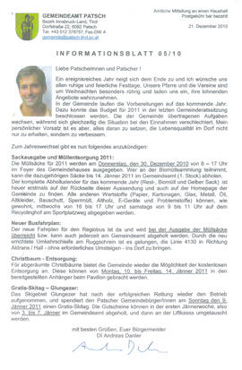 Gemeindeamt Patsch, Informationsblatt 05/10, Informationen des Bürgermeisters Danler