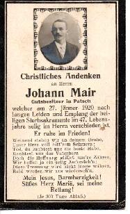 Sterbebild Johann Mair, gest. 27.01.1920 Gutsbesitzer in Patsch