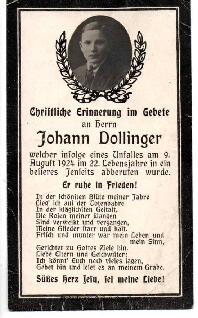 Sterbebild Johann Dollinger, gest. am 09.08.1922 im 22. Lebensjahre